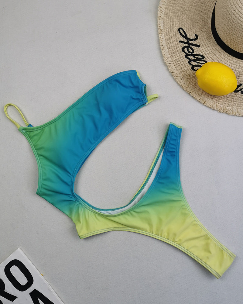 2022 Gradient Hollow Out One Shoulder High Cut Lady Plus Size One-piece Swimsuit Yellow Green Purple Blue S-4XL