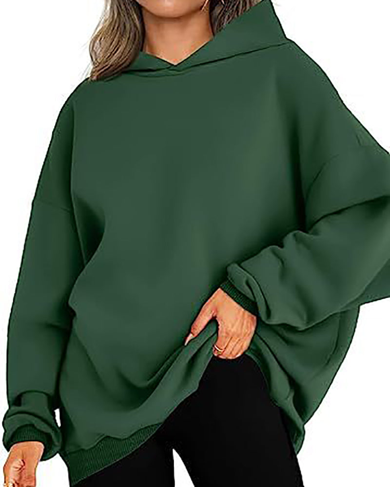 Women Long Sleeve Solid Color Hooded Loose Pullover Tops S-XL