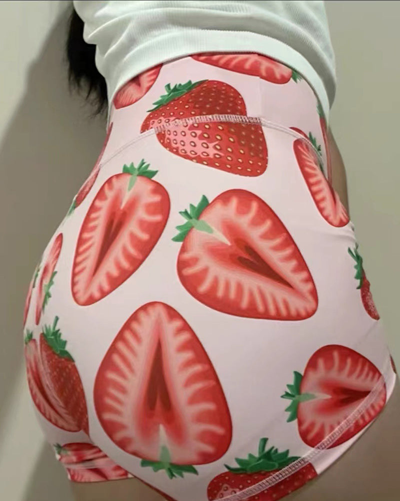 High Waist Fruit Cute Printing Sports Back Wrinkles Shorts S-L