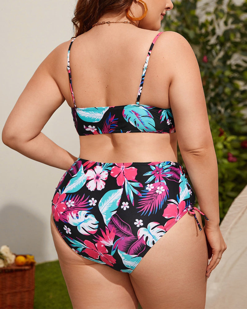 Fashion Printed V Neck High Waist Women Plus Size Swimwear L-4XL