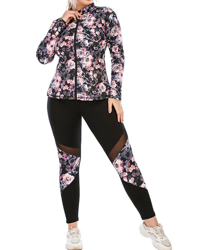 Women Flower Printed Long Sleeve Coat Slim Patchwork Leggings Plus Size Yoga Sets L-3XL