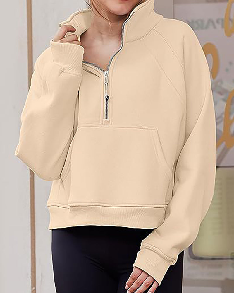 Half Zipper Long Sleeve Pocket Sweater Stand Neck Pullover Top S-XL