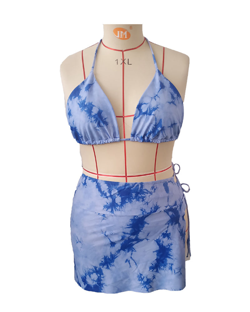 Women Tie Dye Halter Neck Sexy Three Pieces Set Plus Size Swimwear Green Blue Pink Red L-4XL