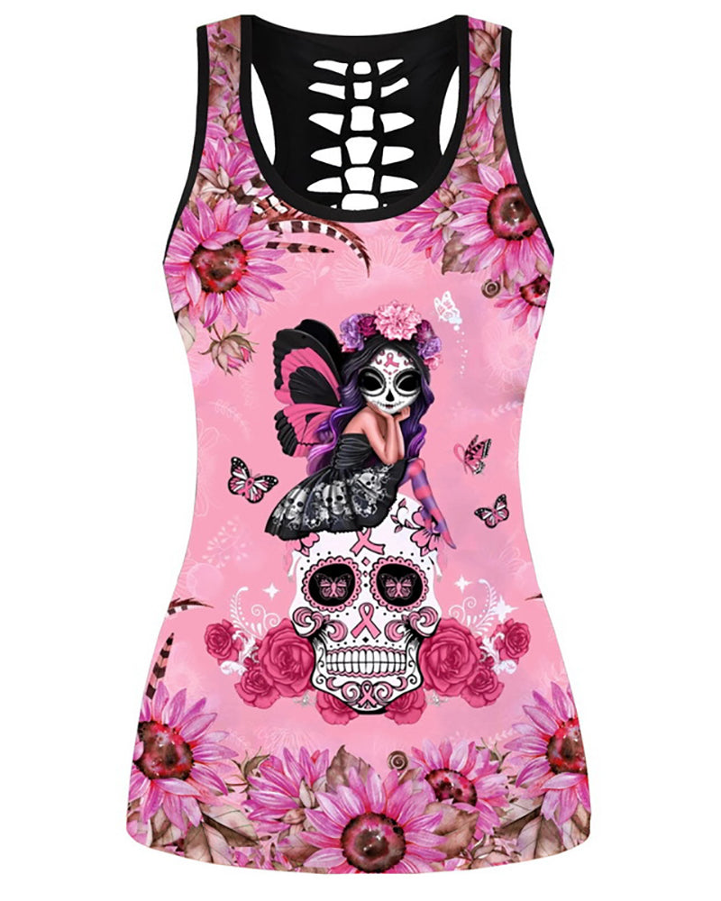 Women Casual Yoga Sport Sleeveless Top T Shirt YinYang Cat Print 3D Tank Tops Cool Flower Skull Tanks Back Hollow out Vest Casual Tees