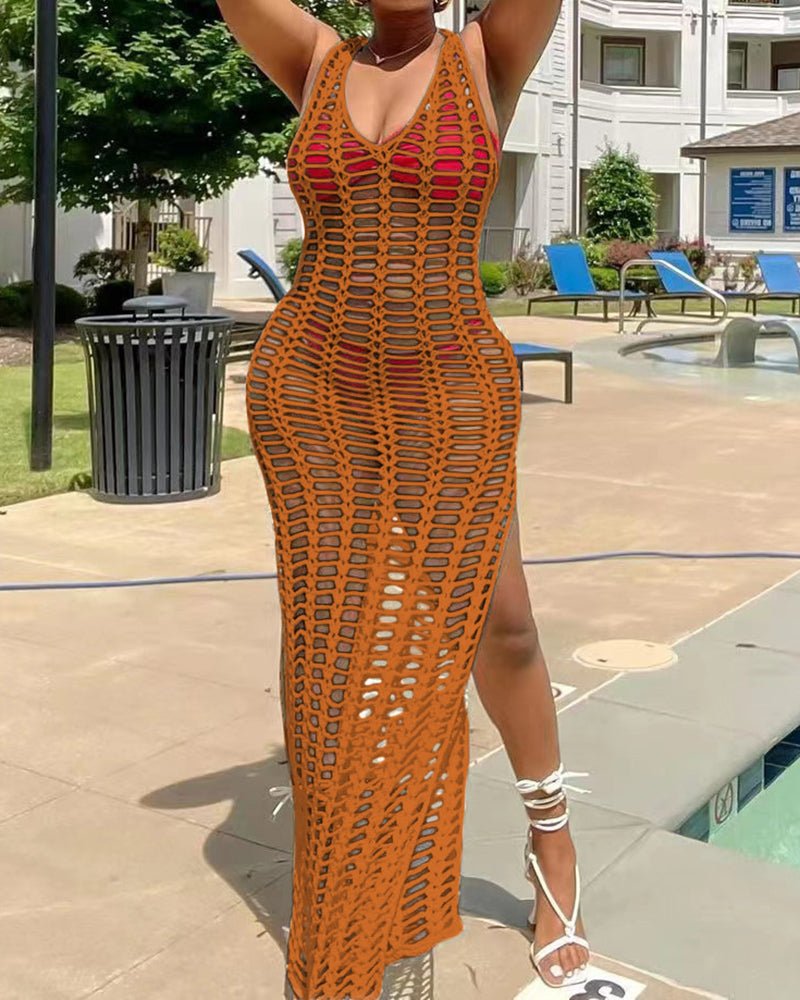 Women Knit Mesh Sleeveless V-neck Fashion Solid Color Beach Dresses White Black Red Green Blue Orange Army Green Light Apricot S-2XL