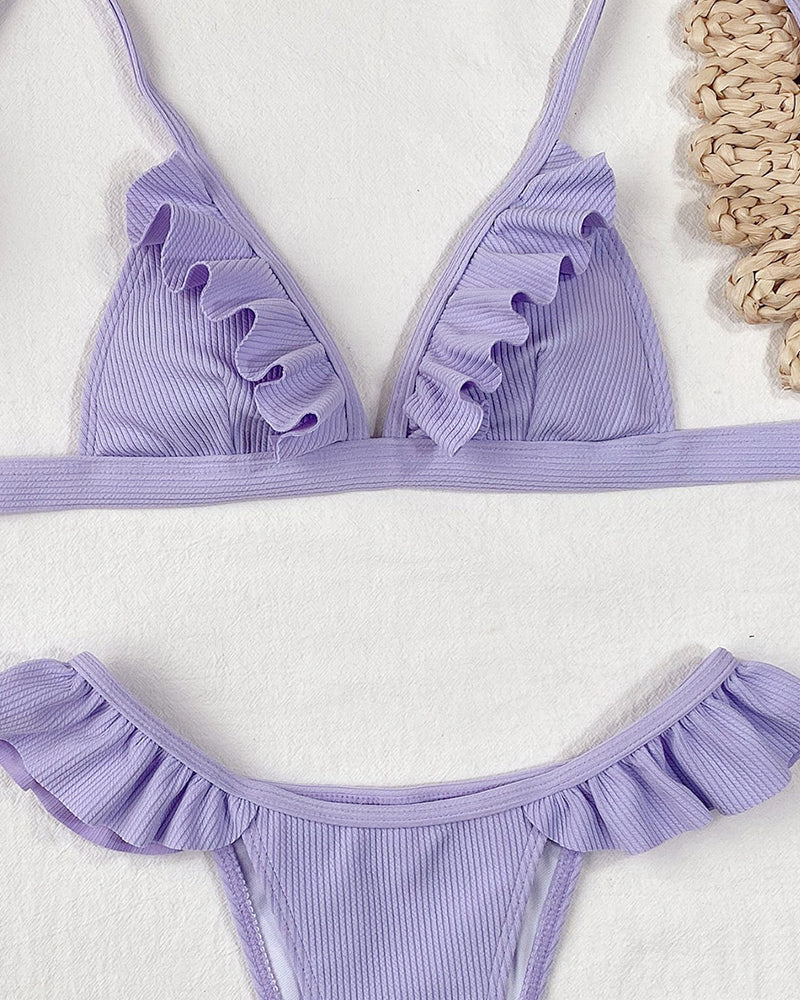 Women Sexy Rib-knit Ruffle Bikini Two-piece Swimsuit Purple S-L OM25730