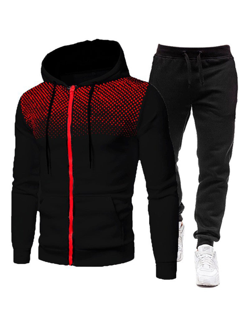 Men Long Sleeve Printing Casual Hooded Street Style Two Piece Set White Red Gray Black Blue S-3XL