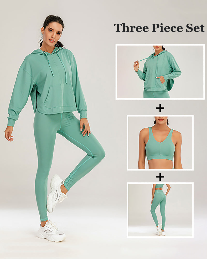 Autumn New Solid Color Long Sleeve Hoodie Sweatshirt V Neck Bra Back Pocket Pants Three Piece Sets S-XL