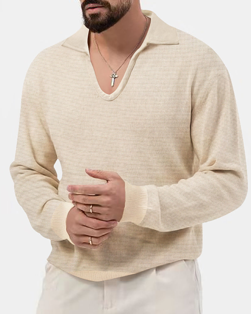 Autumn Men Solid Color Lapel V-neck Long Sleeve Waffle T-shirt Knitwear White Black Army Green Khaki Blue Apricot Gray S-3XL