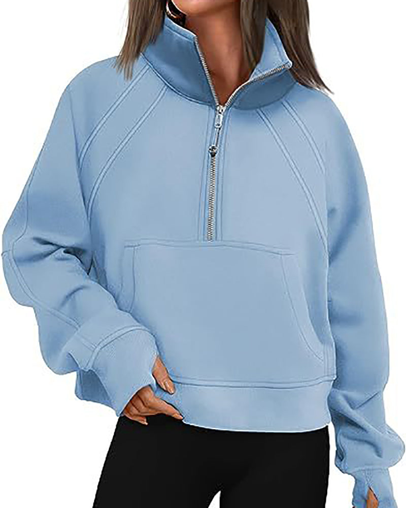 Half Zipper Long Sleeve Pocket Sweater Stand Neck Pullover Top S-XL