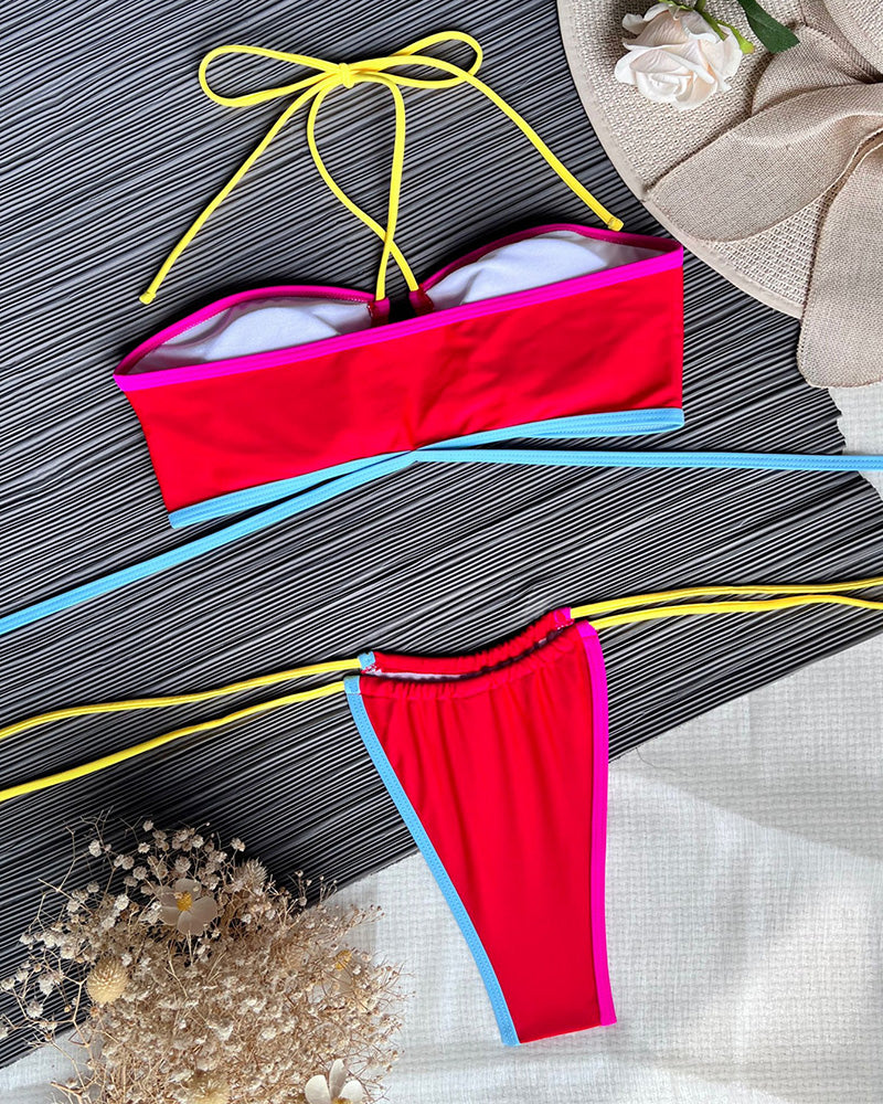 Sexy Women Strappy Halter Neck Backless Colorblock Tie Side String Two-piece Swimsuit Bikini White Black Royal Blue Red S-L