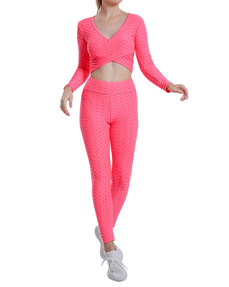 Jacquard Bubble Sexy Cross Long Sleeve Top High Waist Fitness Pants Yoga Suit Set Solid Color S-XXL Pants Sets