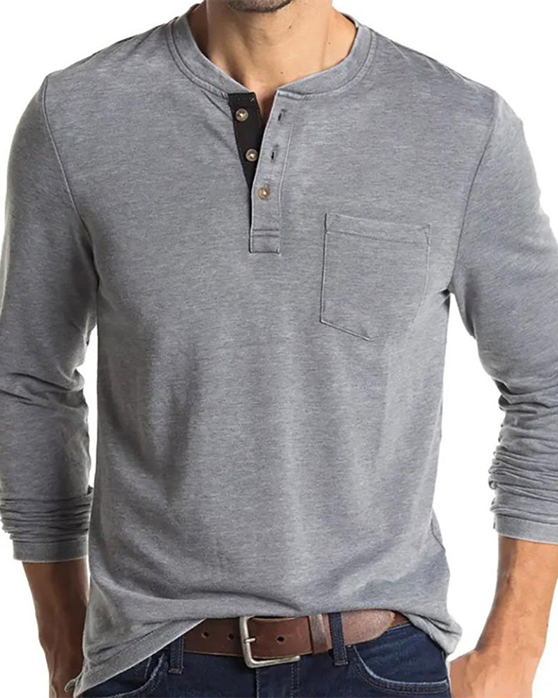 Mens Long Sleeve Button Neck Pocket Solid Color Basic Autumn T-shirt S-2XL