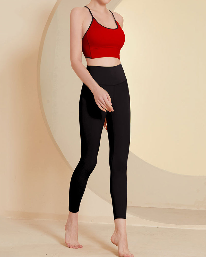 Women Colorblock Back Criss Lycra Yoga Two-piece Sets S-L Pants Sets