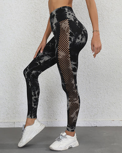 Women Seamless High Waist Tie Dye Side Hollow Out Mesh Leggings Pants Black S-L