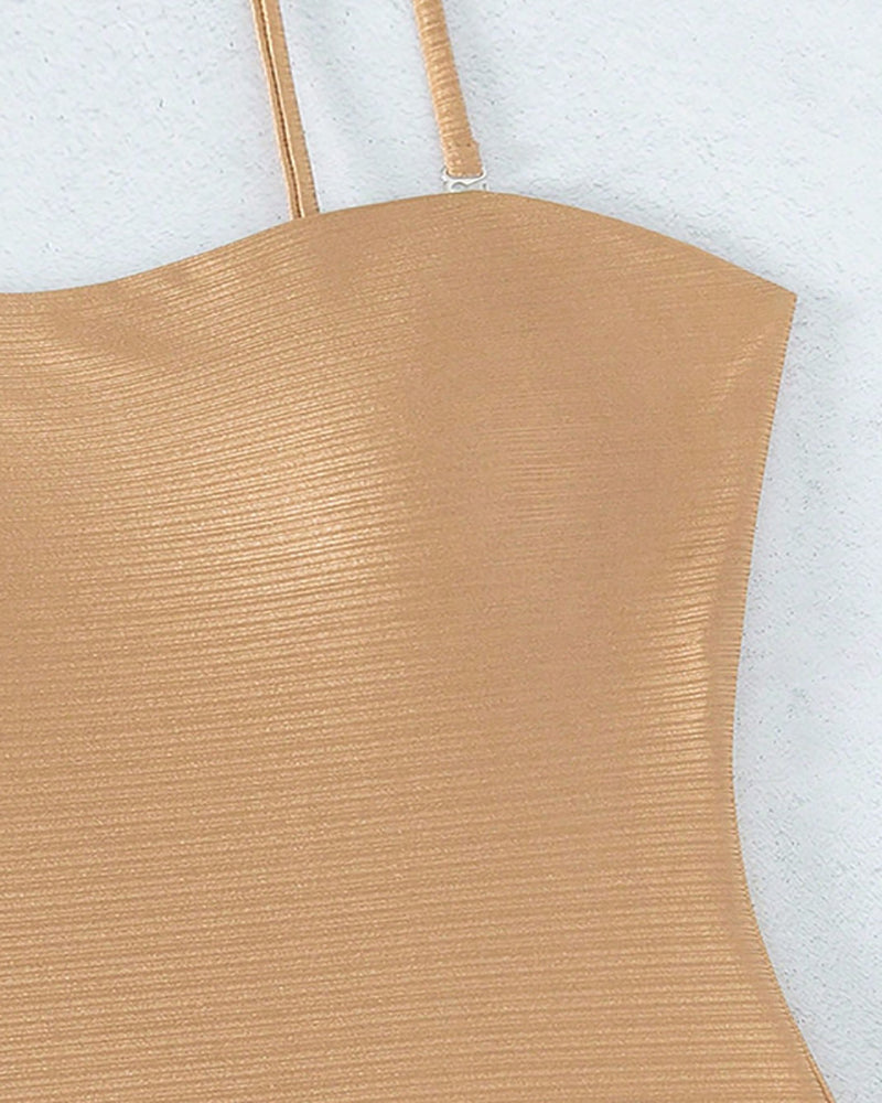 Solid Color Gold Zipper Fashion Strap One-piece Swimsuit S-XL