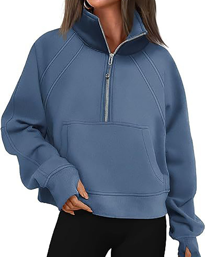 Half Zipper Long Sleeve Pocket Sweater Stand Neck Pullover Top S-XL