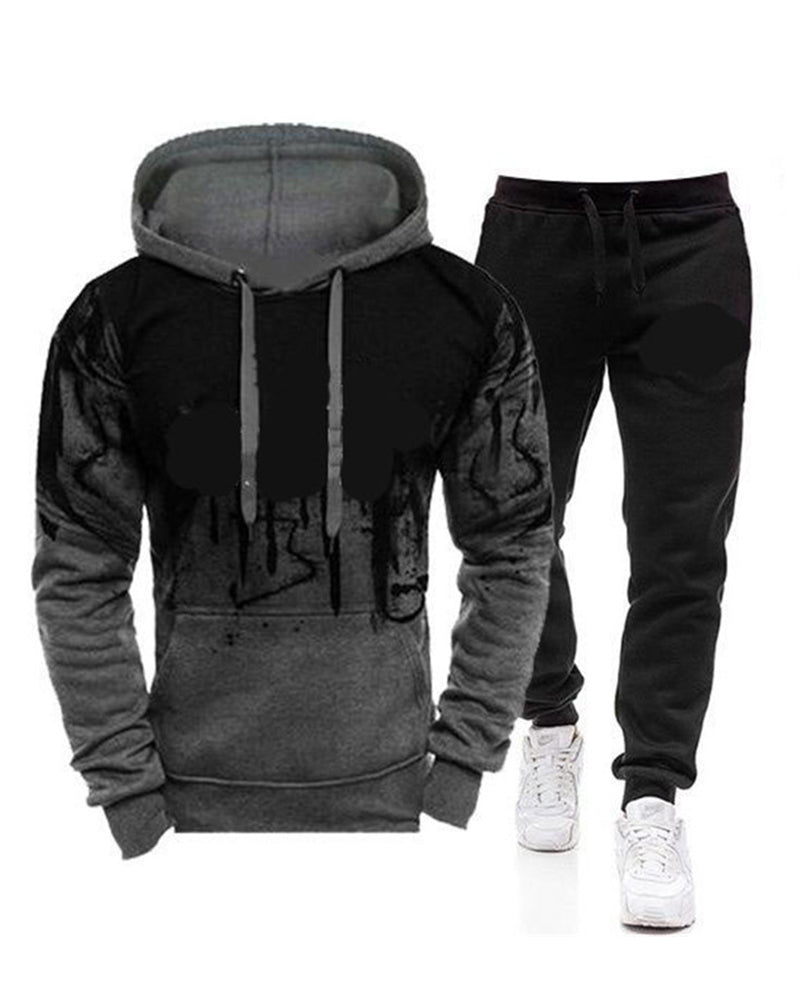 Men Long Sleeve Causal Sporty Street Style Hooded Two Piece Set White Red Gray Green S-3XL