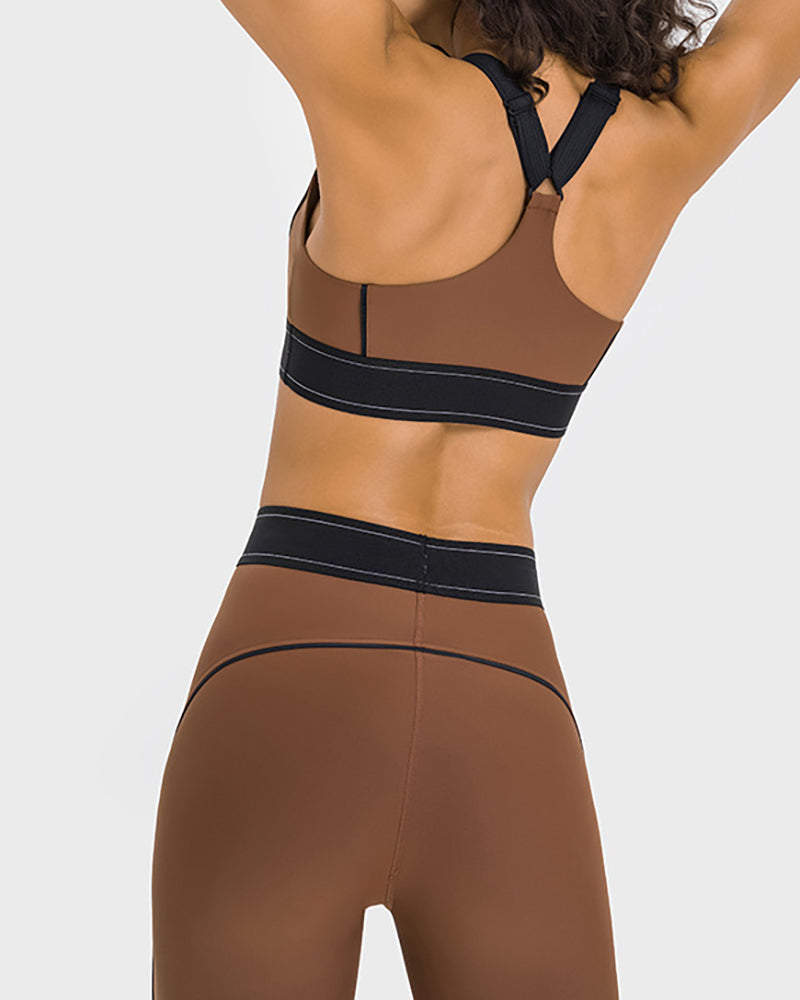 New Colorblock Back Cross High Protect Adjust Shoulder Strap Sports Yoga Bra Black Brown White Gray 4-12