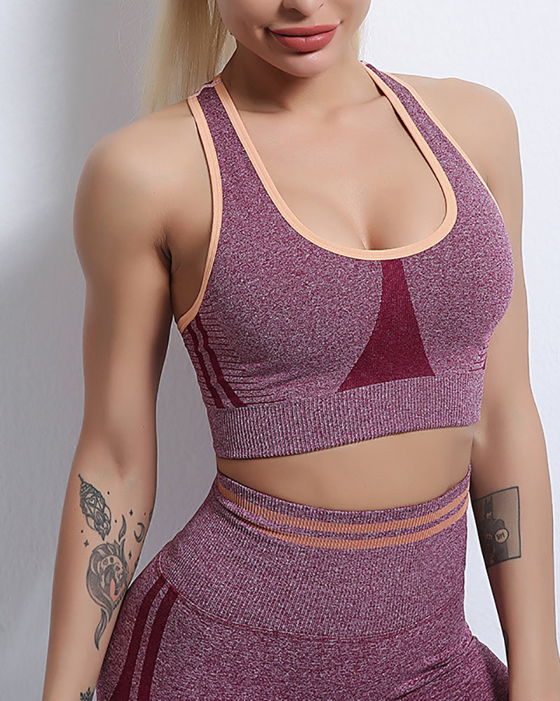 Woman Seamless Knitted Beauty Back High Waist Peach Hip Sports Running Two-Piece Yoga Suit S-L