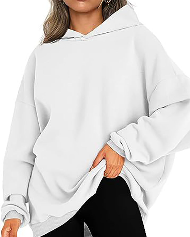 Women Long Sleeve Solid Color Hooded Loose Pullover Tops S-XL