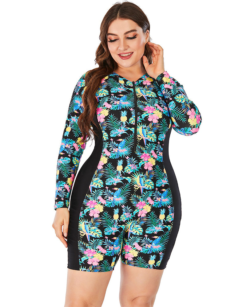 Women Zipper Front Long Sleeve Romper Plus Size Swimwear Diving Suit L-3XL