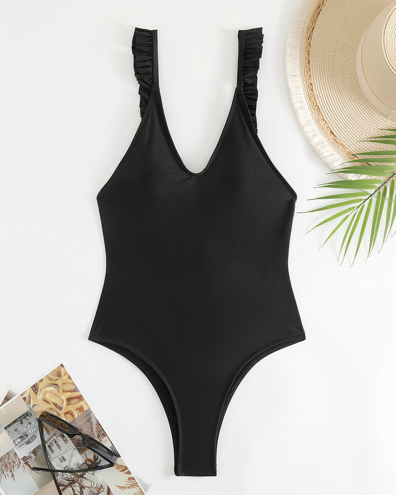 Black Ruffle Open Back Women One Piece Swimsuit S-L