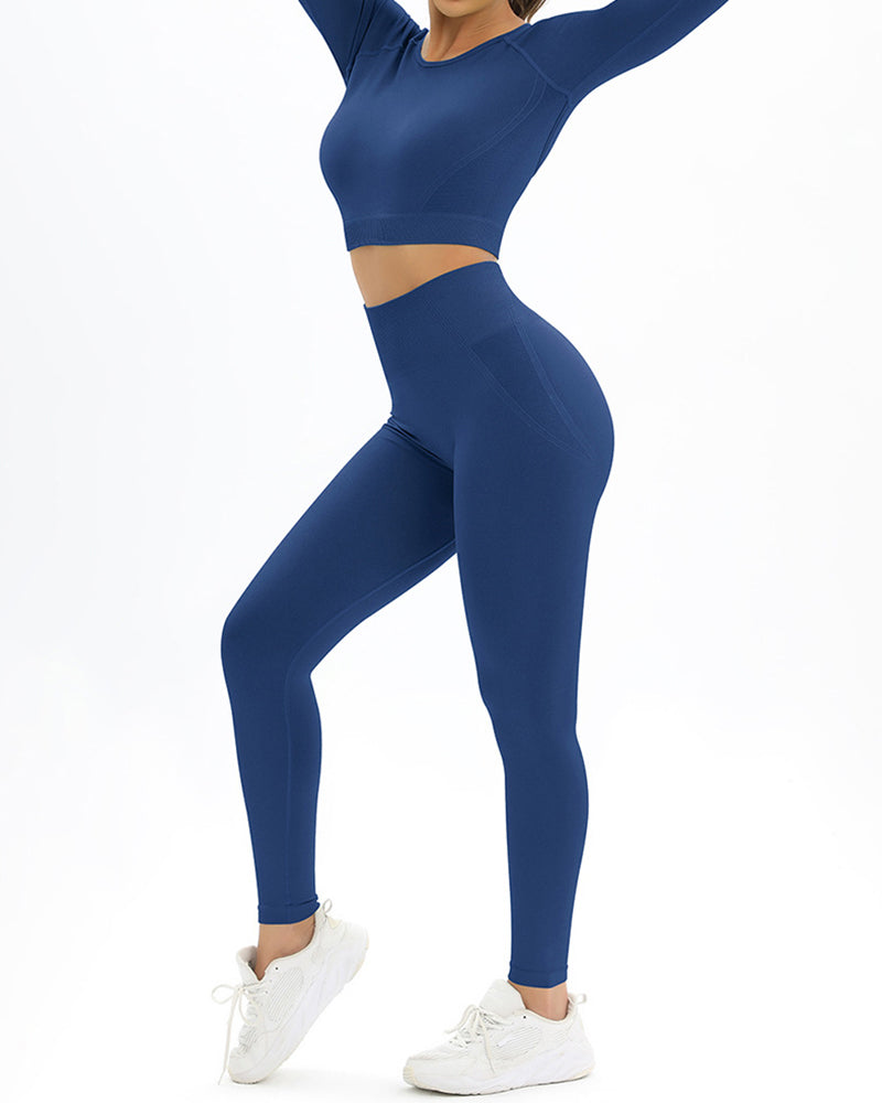 Long Sleeve Solid Color Backless Yoga Two-piece Set S-L Pants Sets