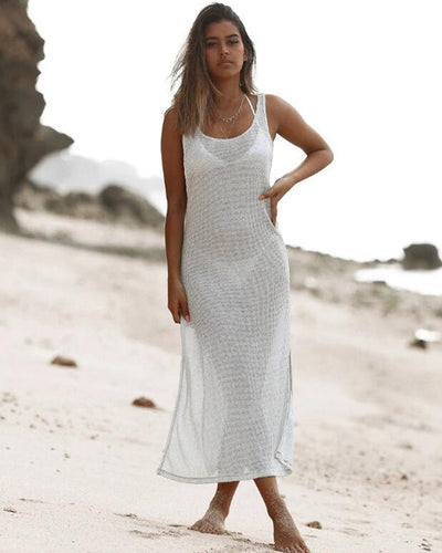 Knitted bikini cover-ups Long beach dress women 2020 Summer fashion white swimsuit cover up Plus size split tunics for women XL