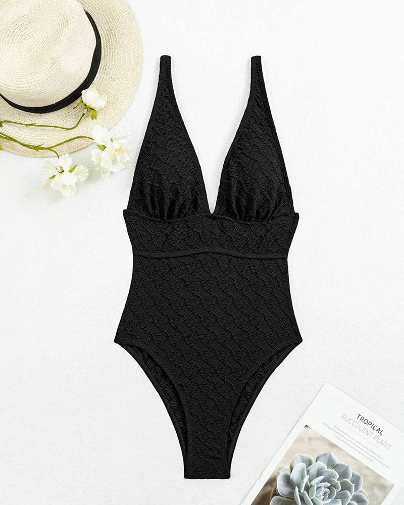 Women Solid Color V Neck High Waist Backless One-piece Swimsuit White Black Pink Royal Blue S-XL