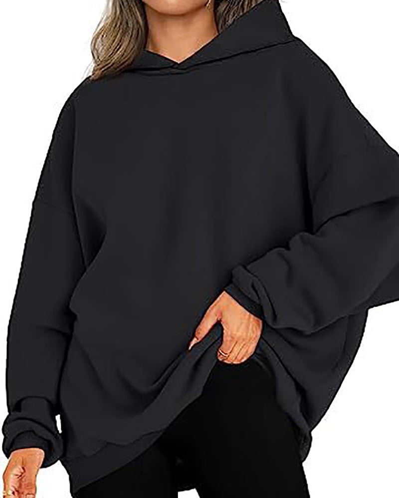 Women Long Sleeve Solid Color Hooded Loose Pullover Tops S-XL