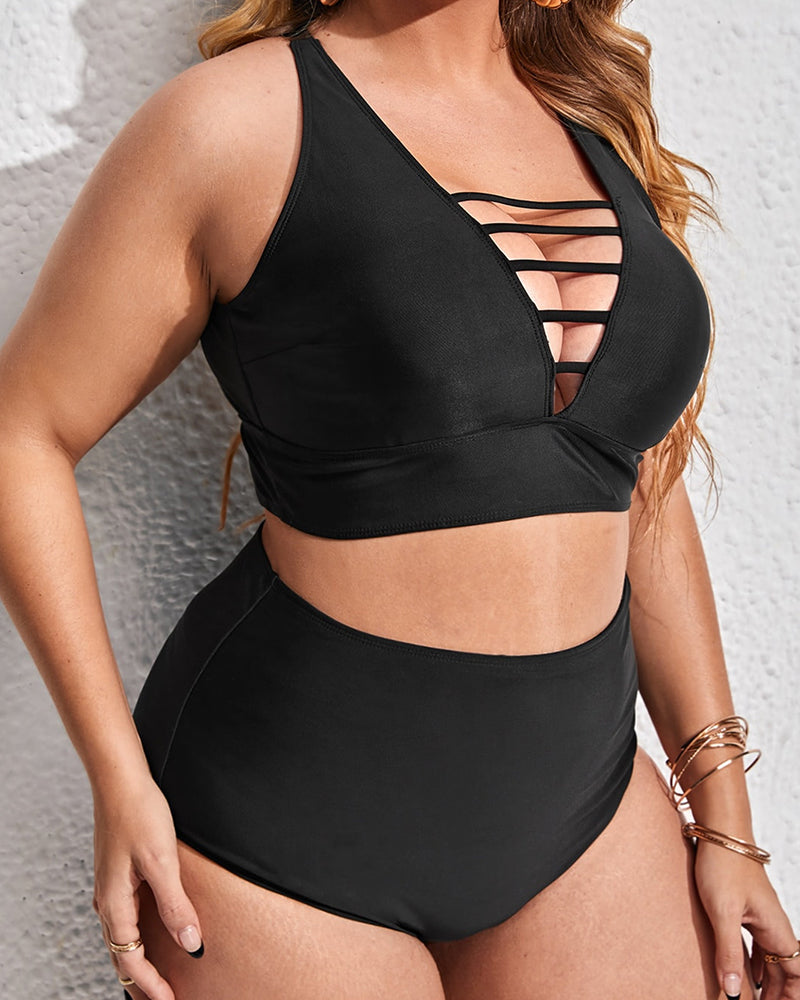 V-neck High Waist Bikini Women Plus Size Swimwear Green Black L-4XL