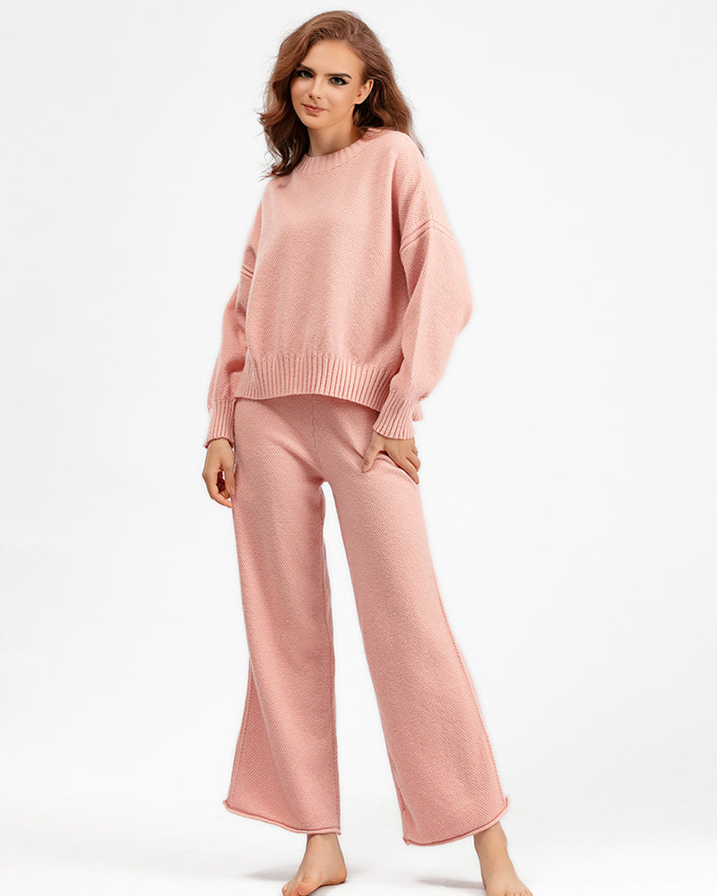 Autumn Winter New Long Sleeve Sweater Wide Leg Knit Pants Casual Wear Two Pieces Set One Size