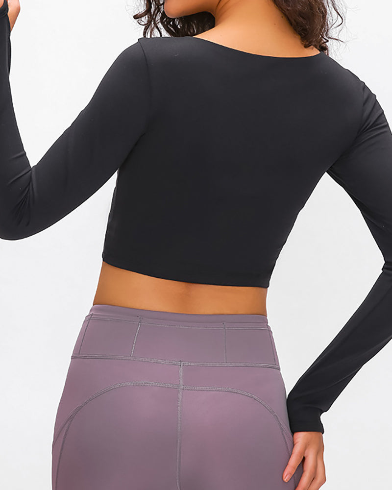 Autumn Women O-neck Solid Color Long Sleeve Running Crop Tpp Yoga Tops 4-12