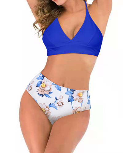 Lady Backless High Waist Two Piece Swimwear Blue Yellow Black S-XL