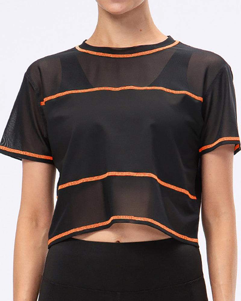 Women Loose Mesh Short Sleeve Stripe Sports Top Quick Dry Top Yoga T-Shirts Black Green Orange S-XL