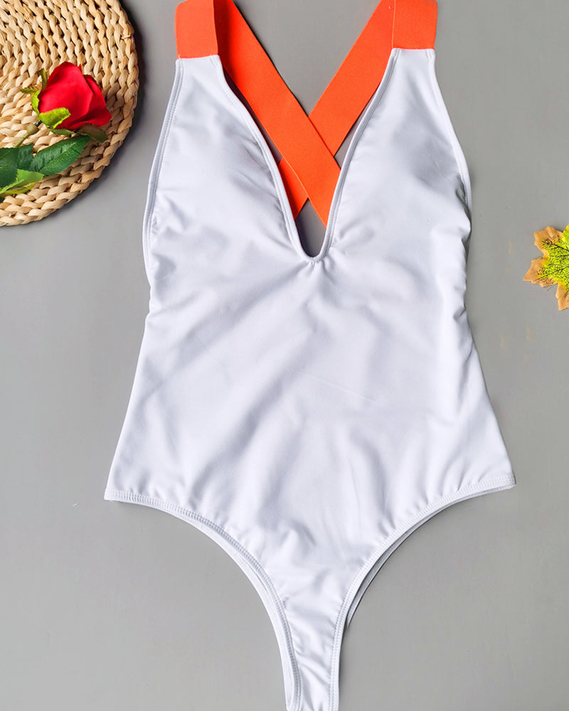 Women Cross Strappy Colorblock One Piece Swimwear White Red Black Rose Red S-L YY10347