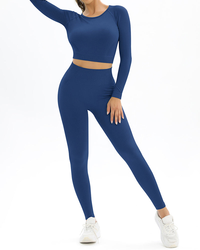 Long Sleeve Solid Color Backless Yoga Two-piece Set S-L Pants Sets