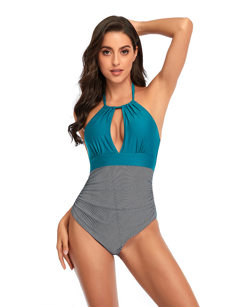 Fashion Hollow Out Colorblock Women One-piece Swimsuit Blue Pink S-2XL YY10198