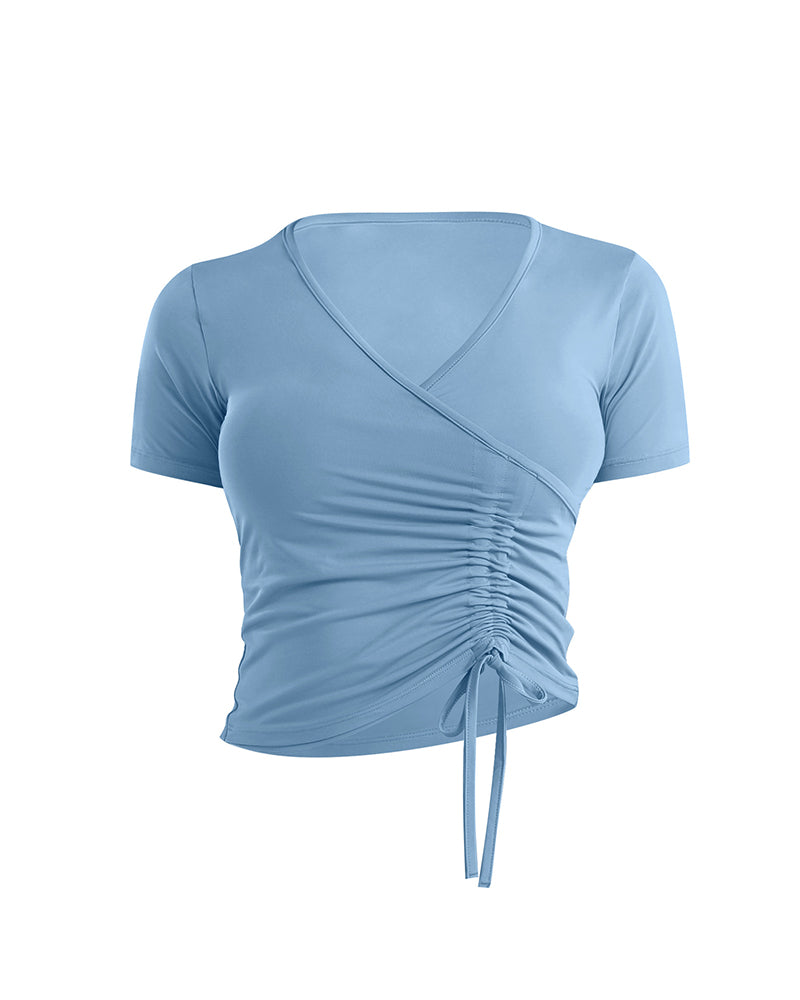 Summer New Short Sleeve Yoga Shirts Fitness Gym Women V-Neck Drawstring Design Crop Top Sports Elastic Dry Quick T Shirt