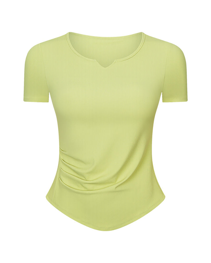 Women V-Neck Ruched Solid Color Short Sleeve Slim Yoga Tops 4-12