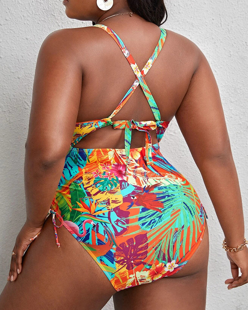 Women Florals Printed V-neck Hollow Out Backless Plus Size Swimwear L-4XL