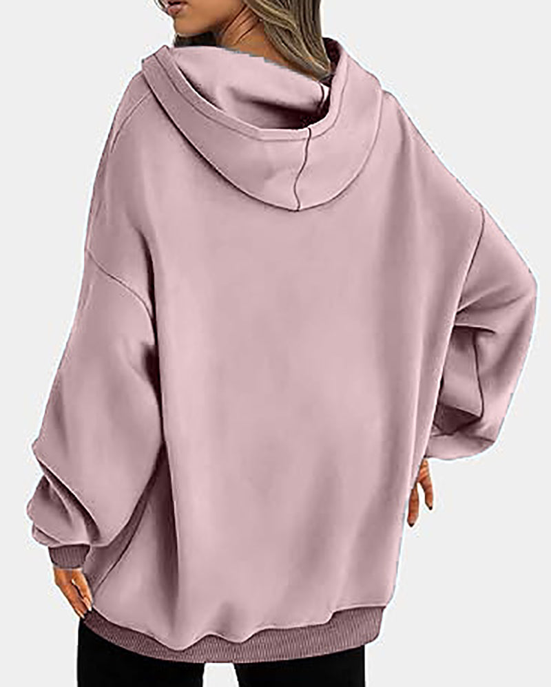 Women Long Sleeve Solid Color Hooded Loose Pullover Tops S-XL