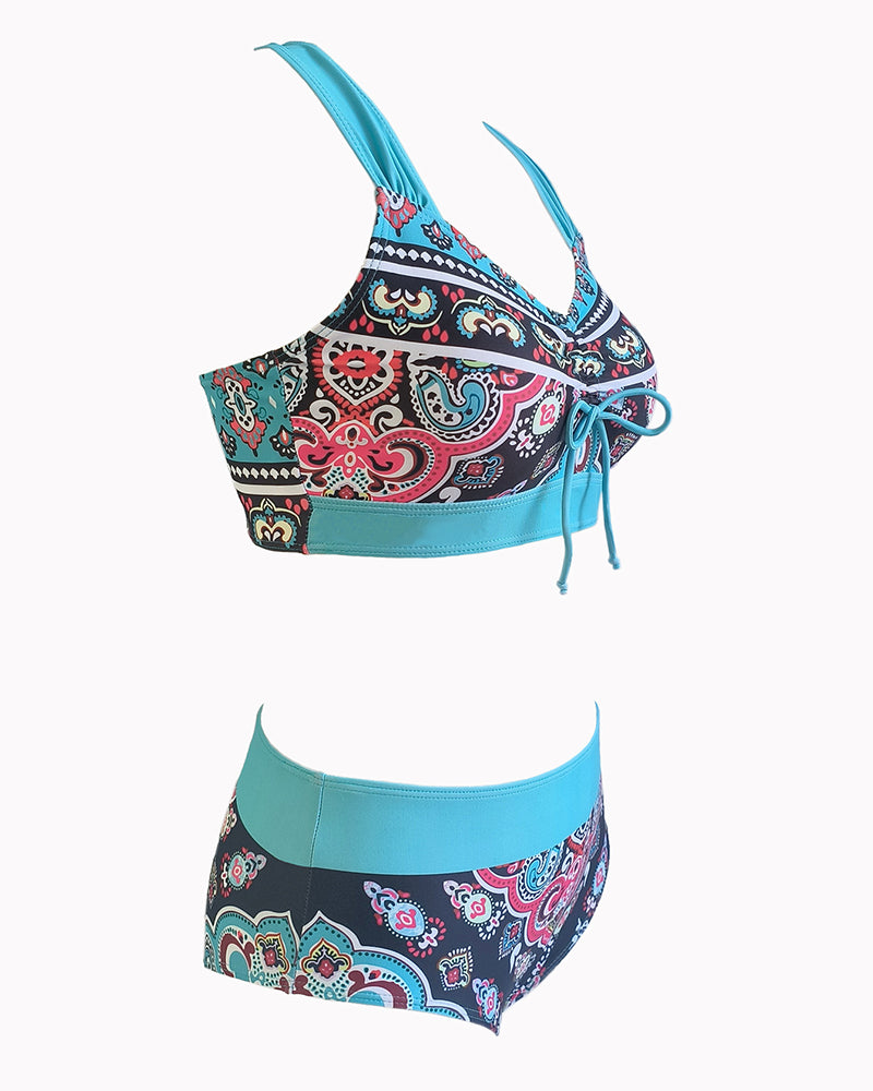 Women Printed V Neck High Waist Sexy Bikini Two-piece Swimsuit Blue S-2XL