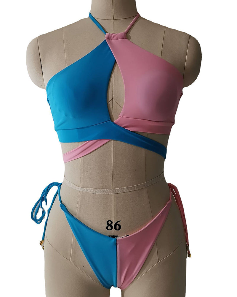 New Swimsuit Color Blocking Gathering Strap Sexy Bikini Swimsuit S-XL