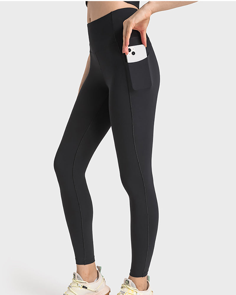 Women High Waist Hip Lift Side Pocket High Elastic Tight Pants Orange Green Black Blue 4-12