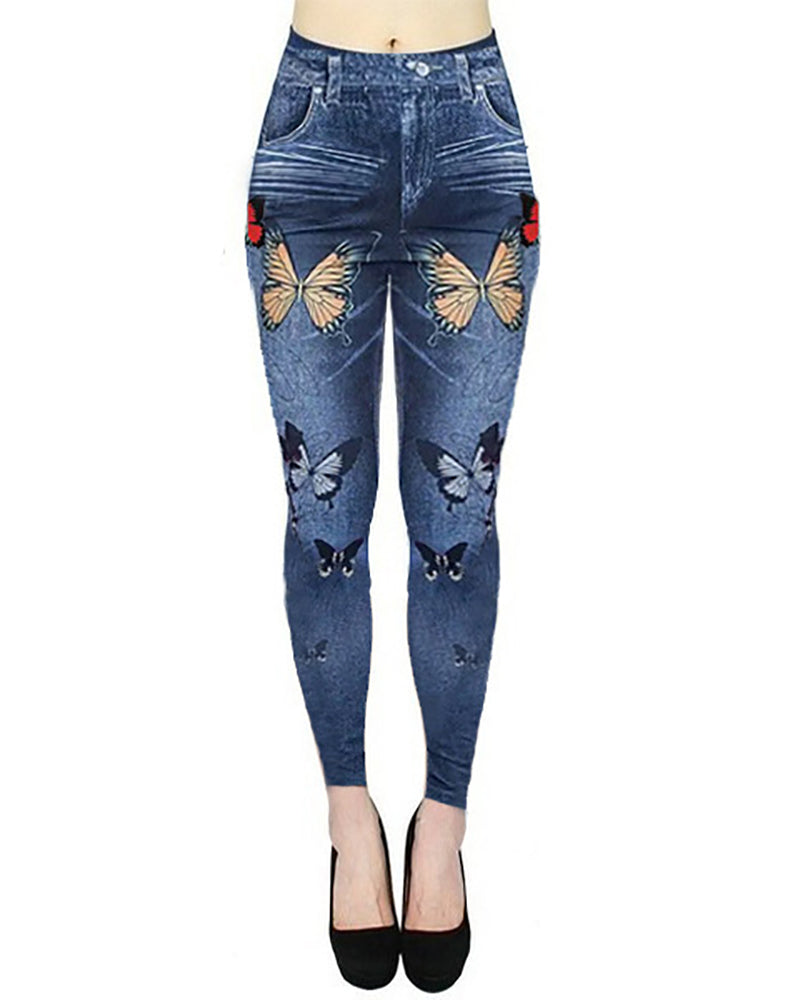 Wholesale Printed Fake Jean High Waist Sports Leggings Pants S-2XL