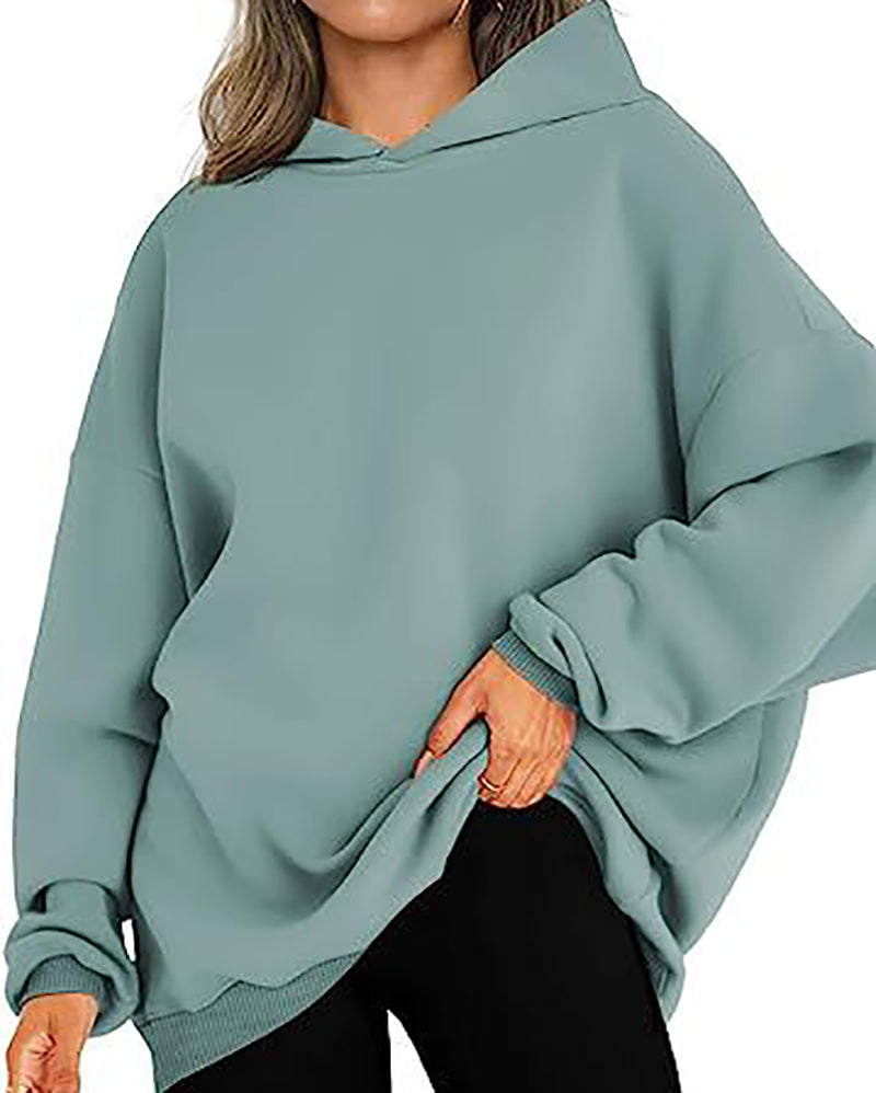 Women Long Sleeve Solid Color Hooded Loose Pullover Tops S-XL