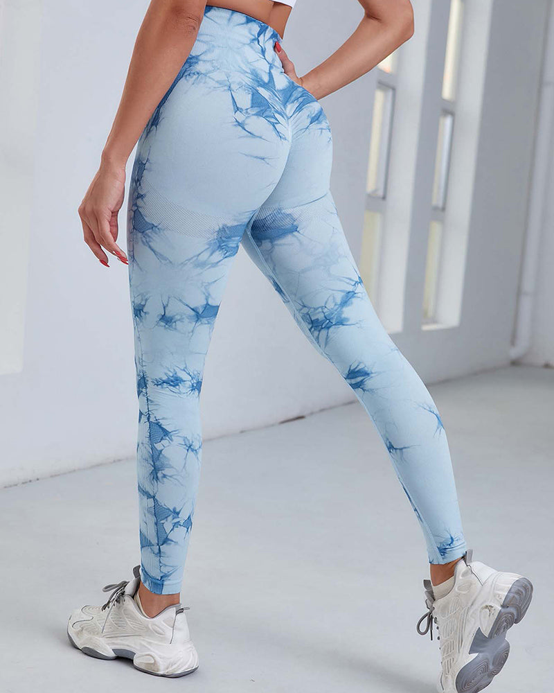 Women Tie-Dye High Waist Fitness Pants Peach Hip Lift Yoga Pants Sports Tights Quick-Drying Nine-Point Pants