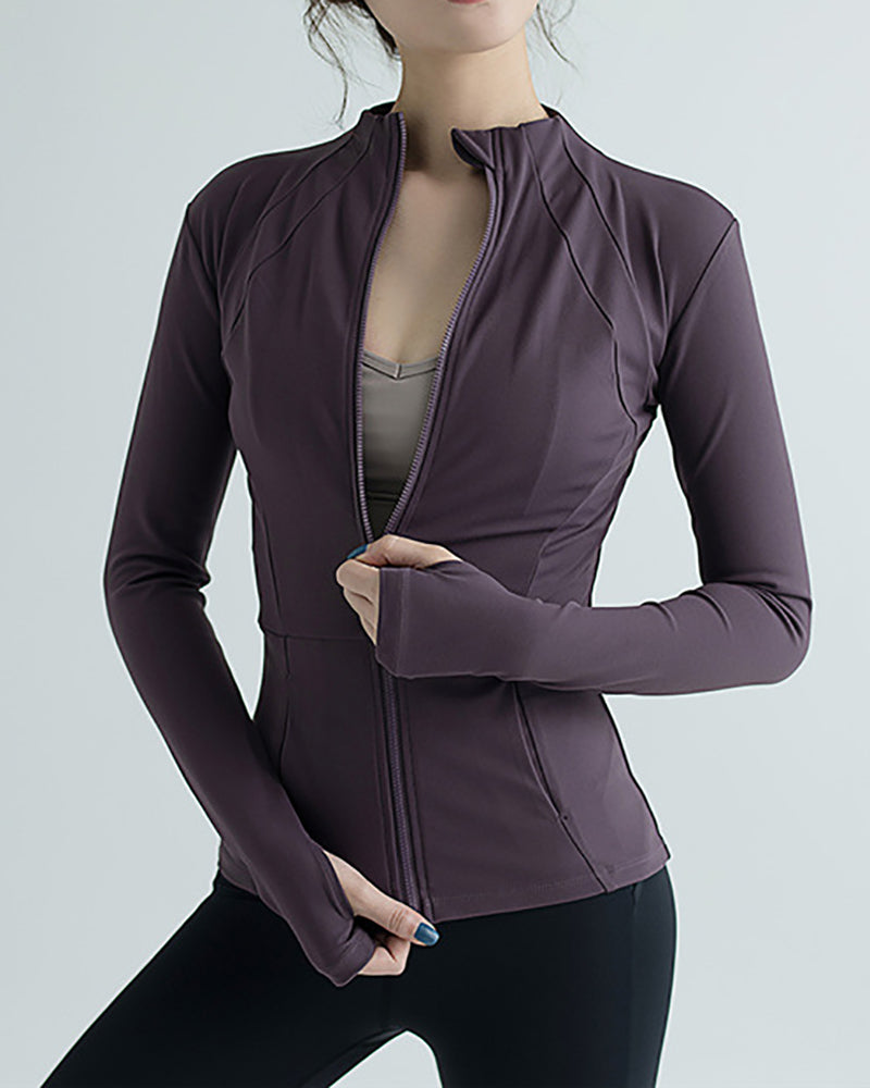 Autumn Slim Fit Collar Workout Sport Long Sleeve Women Zipper Nylon Fitness Jacket With Thumb Holes Quick drying Sport Yoga Tops Coat